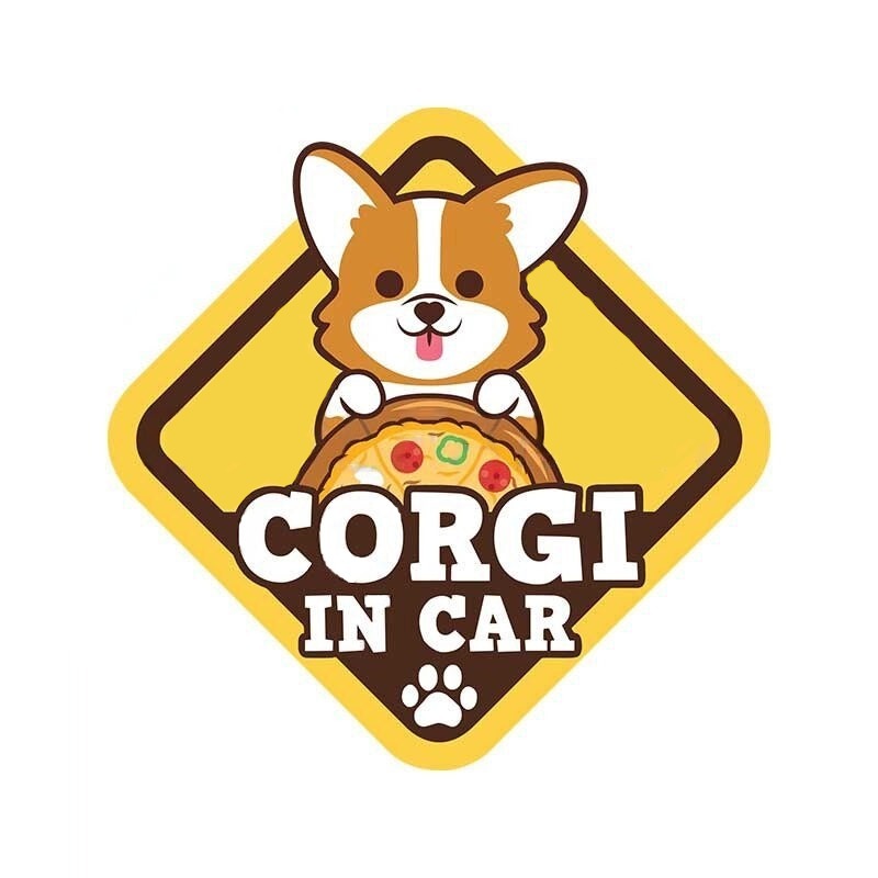 Warning Sign 'Corgi In Car | Steering Wheel Pizza' Vinyl Car Sticker