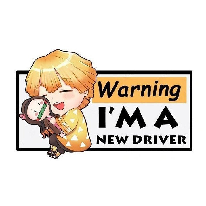 Warning I'm A New Driver 'Zenitsu | Hugging Nezuko Doll' Vinyl Car Sticker