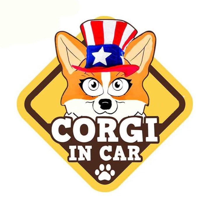 Warning Sign 'Corgi In Car | American Hat' Vinyl Car Sticker
