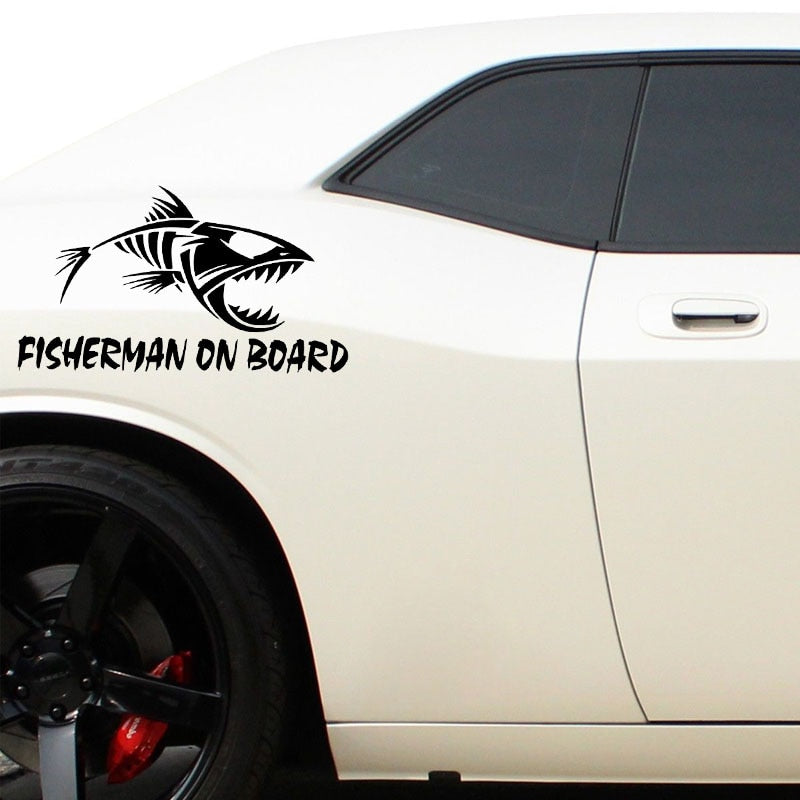 Skeleton Fish 'Fisherman On Board' Vinyl Car Sticker