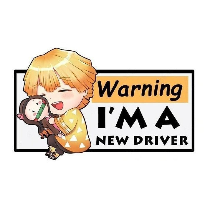Warning I'm A New Driver 'Zenitsu | Hugging Nezuko Doll' Vinyl Car Sticker